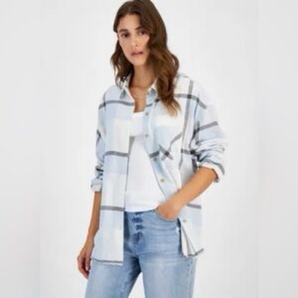 NWOT Just Polly Frayed-Hem Blue, Black & White Plaid Flannel Shirt